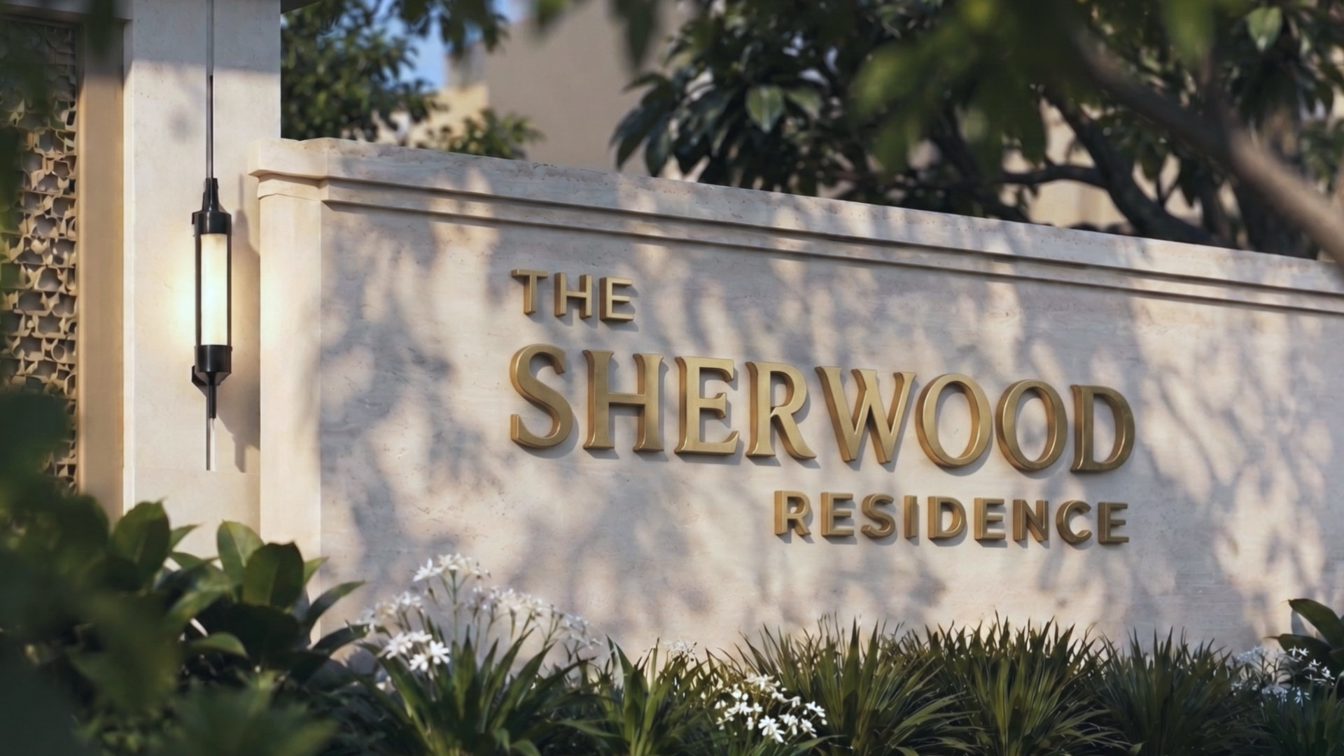 The Sherwood Residence entrance signage in cast brass on a travertine wall, 10 of 10